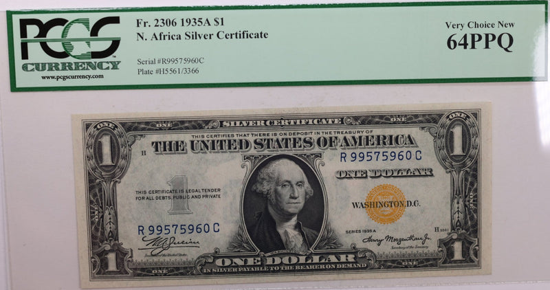 1935A $1., Silver Certificate., "North Africa"., PCGS Currency CU-64., PPQ., Store