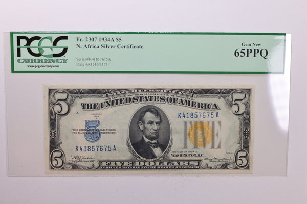 1934A $5., Silver Certificate., "North Africa"., PCGS Currency CU-65., PPQ., Store #GSC013