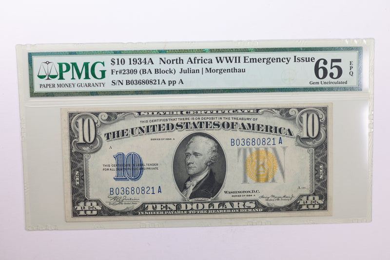 1934A $10., Silver Certificate., "North Africa"., PMG Currency CU-65., EPQ., Store