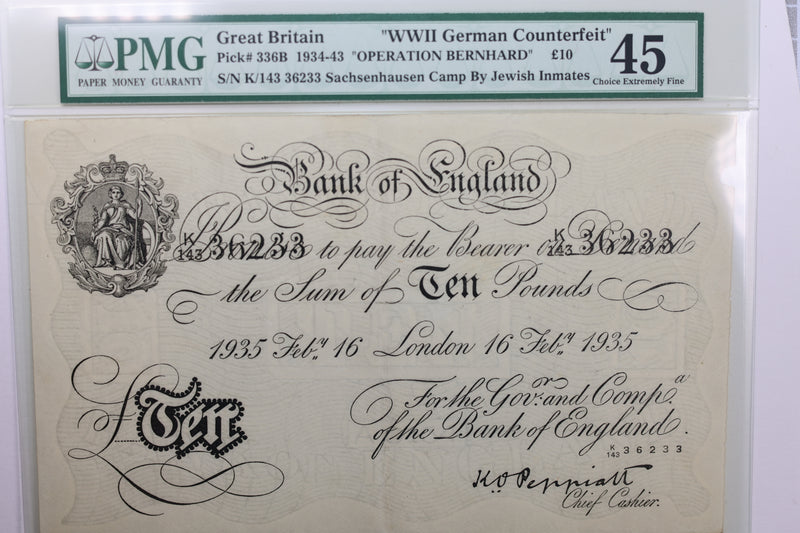 1935 10 Pound Note., WWII German Counterfeit., PMG XF-45, Store