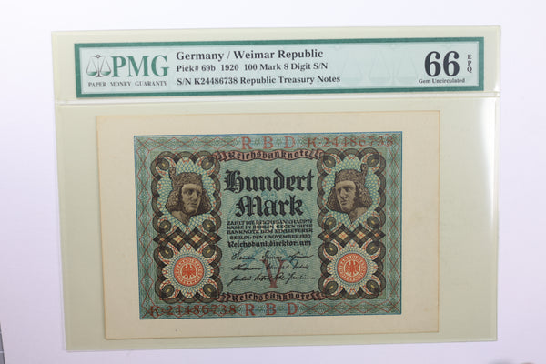 1920 100 German Marks., Certified and Graded., PMG CU-66., EPQ, Store #GWC004