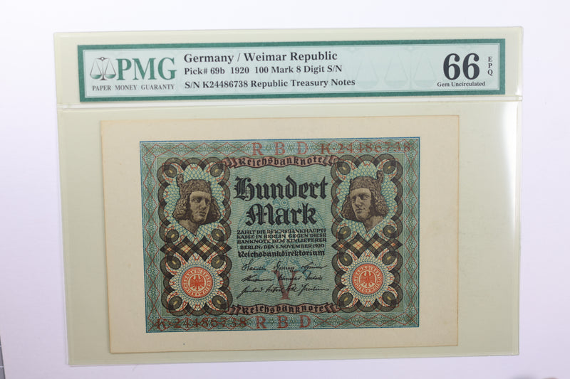 1920 100 German Marks., Certified and Graded., PMG CU-66., EPQ, Store