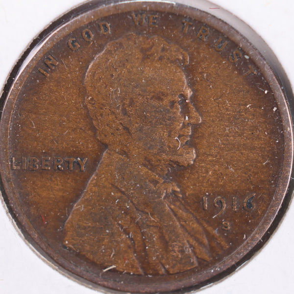 1916-S Lincoln Wheat Cent, Very Fine+ Circulated Coin, Store #CT0253