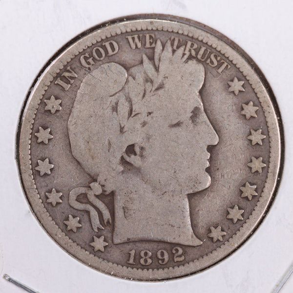 1892-S Barber Silver Half Dollar., Very Good Circulated Coin., Store #HR125
