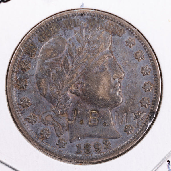 1893 Barber Silver Half Dollar., Counter Stamped "J.B.M. A.U. Circulated Coin., Store #HR126