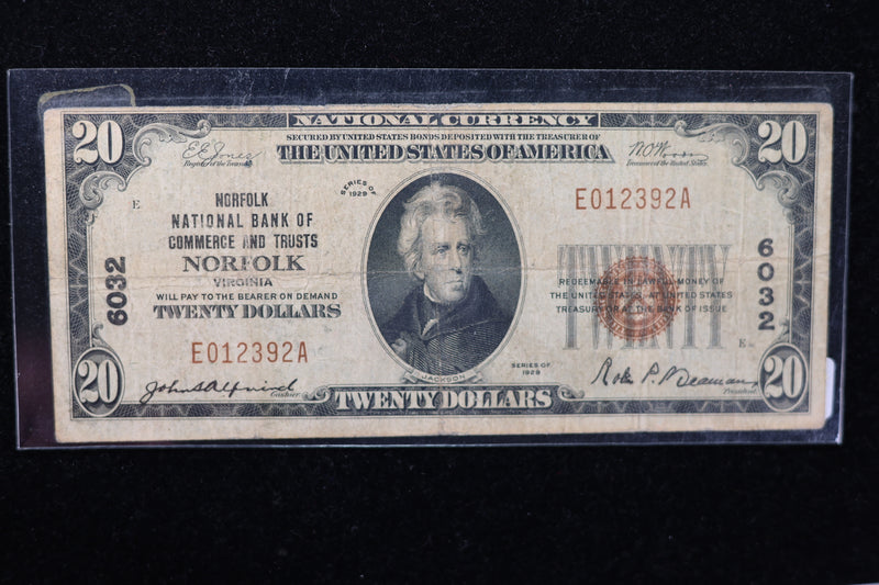 1929 $20 National Currency, 6032 "Norfolk". Choice Paper. Great Collectible. Store