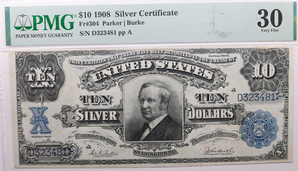 1908 $10., Silver Certificate., "TOMB-STONE"., PMG VF-30., GSC003