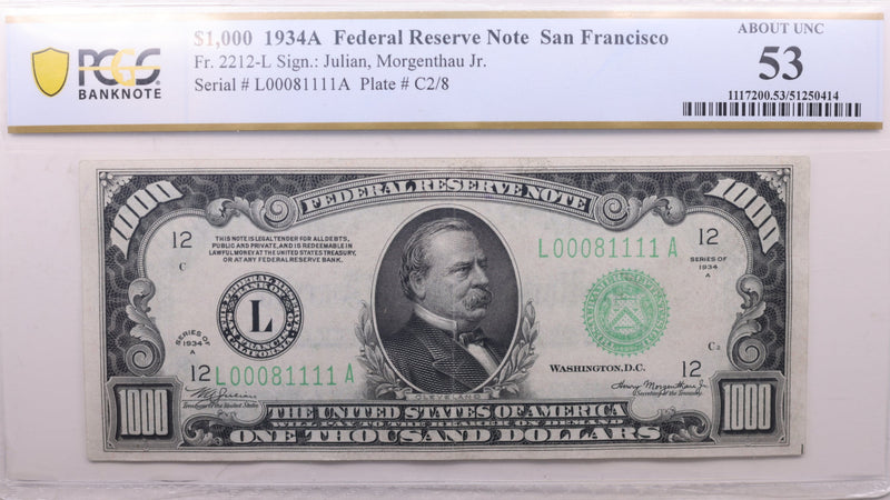 1934 A $1,000. Federal Reserve Note., PCGS Certified AU-53., GFR002