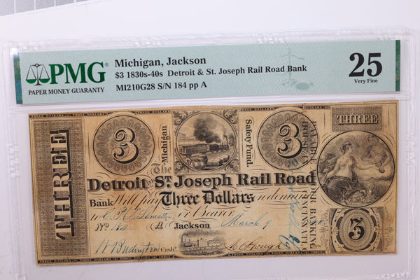 1830's-40's $3., Obsolete Currency., Jackson, MI., PMG Graded VF25., Store #GMI025