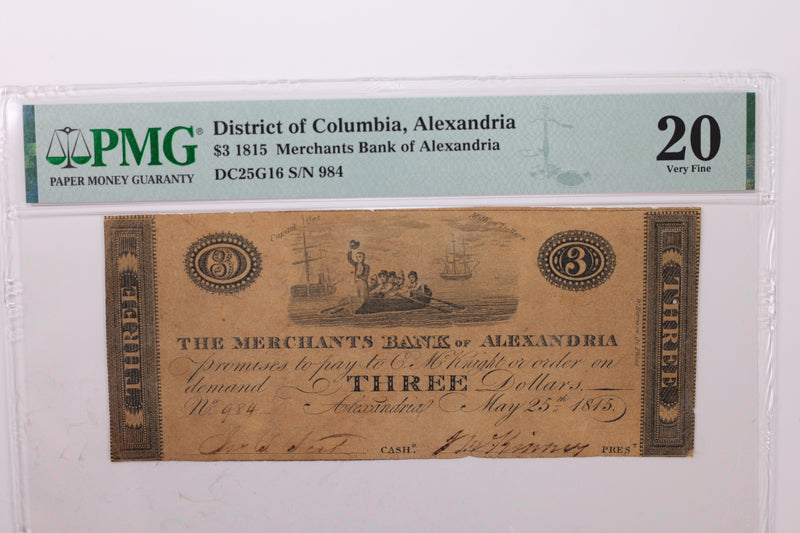 1815 $3., Obsolete Currency., Alexandria, D.C., PMG VF-20., Store