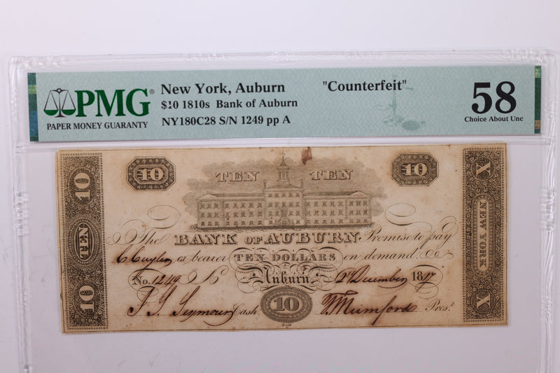 1817 $10., Obsolete Currency., Auburn, N.Y., "COUNTERFEIT", PMG AU-58., Store