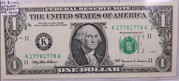 1999., $1., F.R.N., Repeater Serial Nr., Crisp Uncirculated., Store #0725