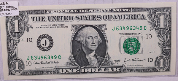 2003 A, $1., F.R.N., Repeater Serial Nr., Crisp Uncirculated., Store #0729