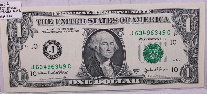 2003 A, $1., F.R.N., Repeater Serial Nr., Crisp Uncirculated., Store