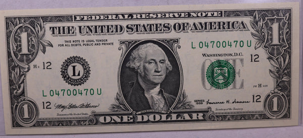 1999, $1., F.R.N., Repeater Serial Nr., Crisp Uncirculated., Store #0737