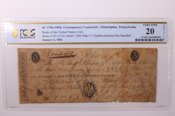 1802 $5., Philadelphia, PA., Obsolete "COUNTERFEIT" Currency., PCGS VF-20., Store #GPA006