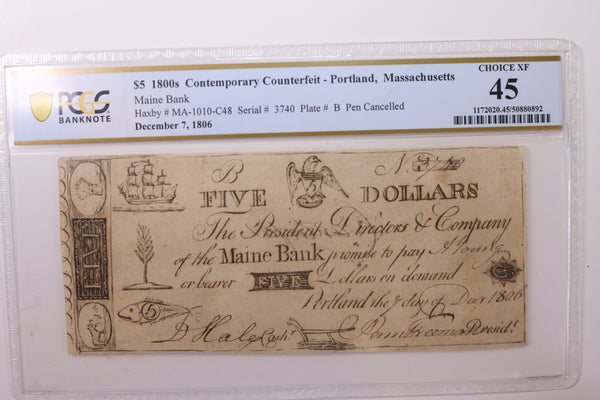 1806 $5., Portland, MA., Obsolete "COUNTERFEIT" Currency., PCGS XF-45., Store #GMA004