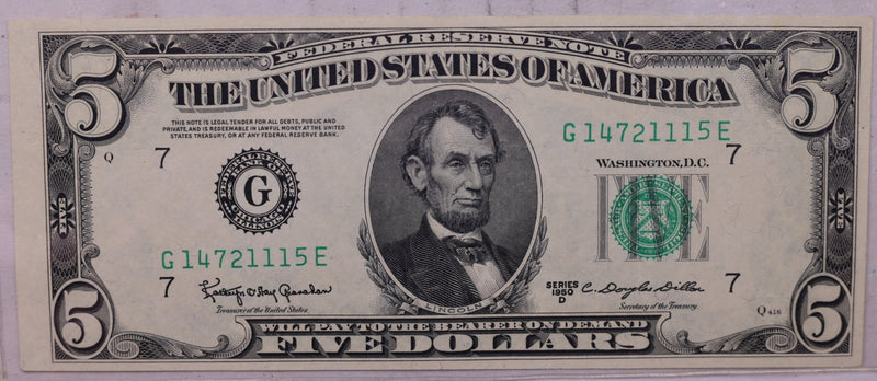 1950 D, $5., 'G', Federal Reserve Note., Crisp Uncirculated., Store