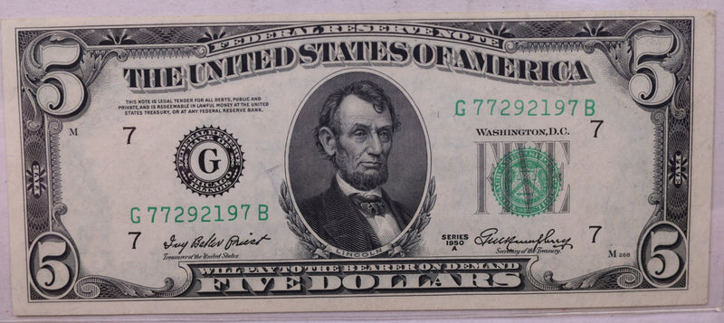 1950 A, $5., 'G', Federal Reserve Note., Crisp Uncirculated., Store