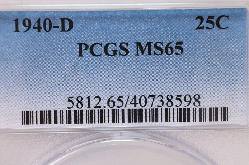 1940-D Washington Silver Quarter., PCGS Certified MS-65., STORE