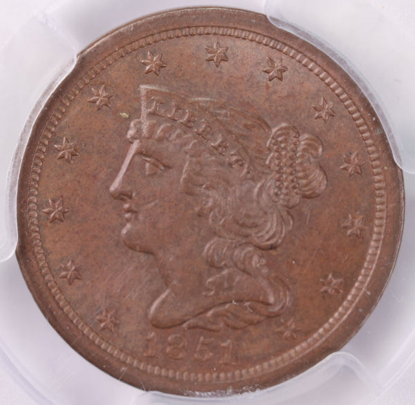 1851 HALF CENT., PCGS MS-63, BROWN., STORE SALE #GHC001