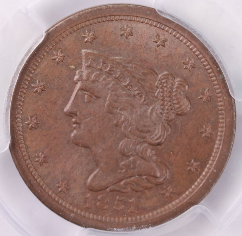 1851 HALF CENT., PCGS MS-63, BROWN., STORE SALE