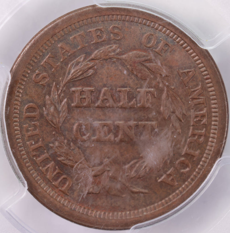 1851 HALF CENT., PCGS MS-63, BROWN., STORE SALE