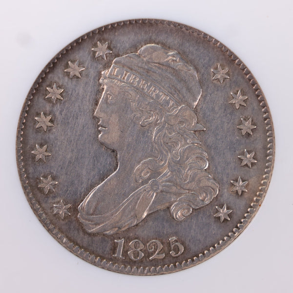 1825 Cap Bust Quarter., Rare 5 over 3., (B-2)., NGC AU-50., STORE# GQR002