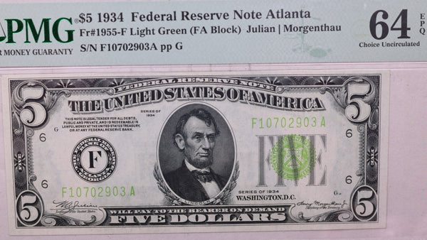 1934 $5, Federal Reserve Note., PMG MS64 EPQ.,  Store #0795