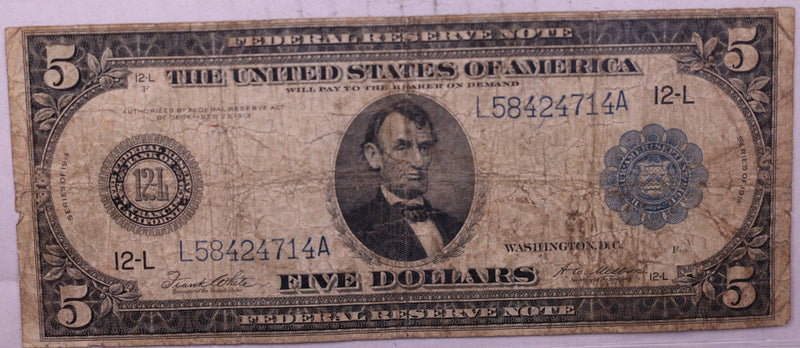 1914 $5, Federal Reserve Note., Circulated.,  Store