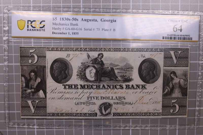 1855 $5., Augusta, GA., Obsolete Currency., PCGS CU-64., Store