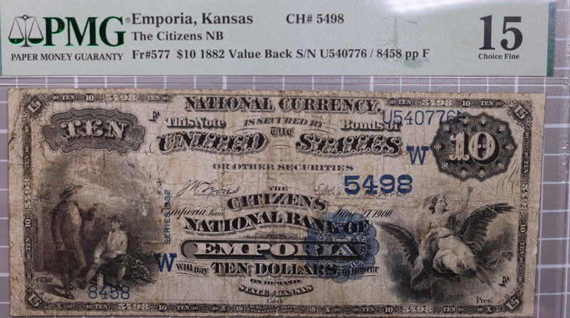 1882 $10., Emporia, KS., Value Back., National Currency., Store