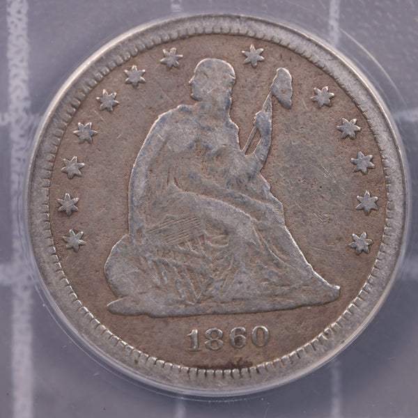 1860-S Seated Liberty Quarter., ANACS VG-08 Details., Store #0879