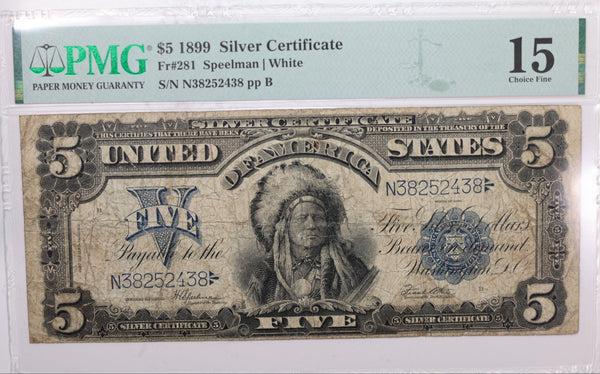 1899 $5., Silver Certificate., "CHIEF"., PMG Fine 15., Nice Collectible Note. Store GSLC002