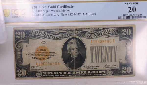 1928 $20 Gold Certificate., Fr#2402., PCGS VF-20., Store Sale #GDCE001