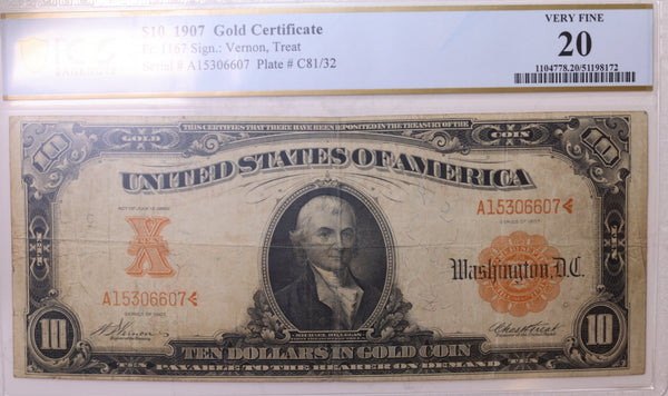 1907 $10 Gold Certificate., Fr#1167., PCGS VF-20., Store Sale #GDCE002