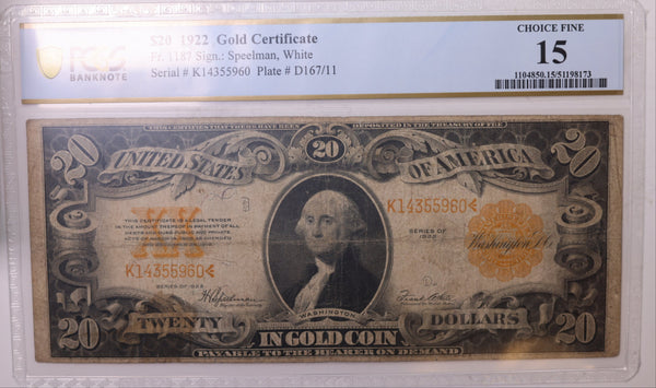 1922 $20 Gold Certificate., Fr#1187., PCGS Fine-15., Store Sale #GDCE003
