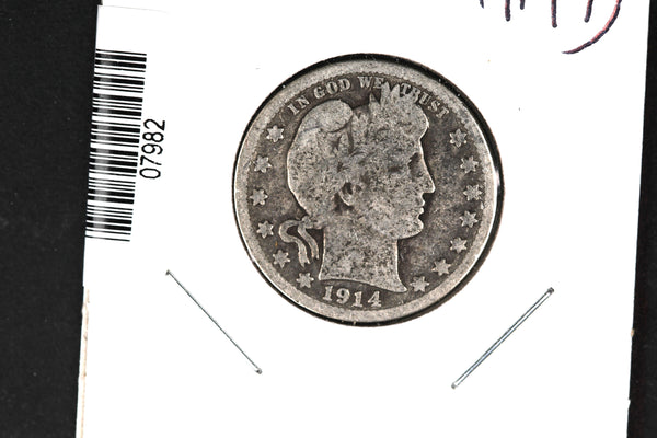 1914-D Barber Quarter. Affordable Collectible Coin. Store # 07982