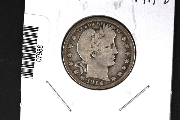 1914-D Barber Quarter. Affordable Collectible Coin. Store # 07988