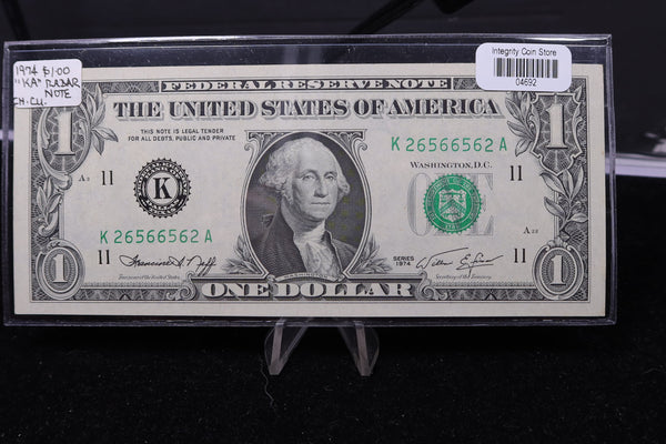 1974 $1., F.R.N., "KA" Radar Note, Crisp UN-Circulated. Store #04692