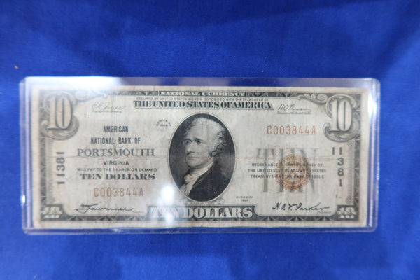 1929 $10 National Currency, "Portsmouth, VIRGINIA", Charter #11381