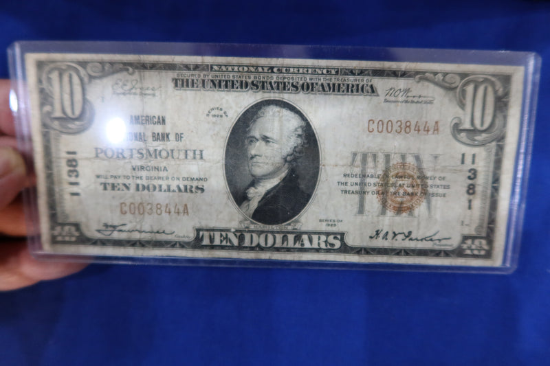 1929 $10 National Currency, "Portsmouth, VIRGINIA", Charter