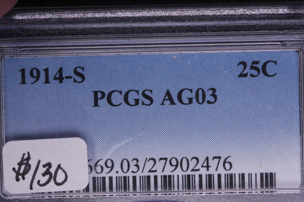 1914-S Barber Quarter, PCGS Graded, AG-03, Store #05493