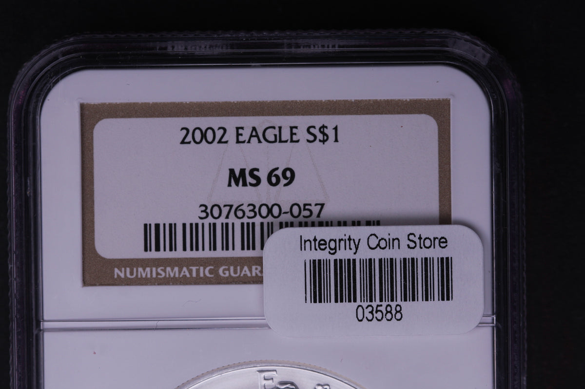 2002 Silver Eagle $1. NGC Graded MS-69 Un-Circulated. Store #03588