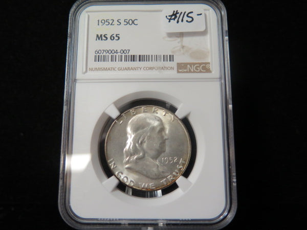 1952-S Franklin Half Dollar, NGC Graded MS 65 Un-Circulated.  Store #03262