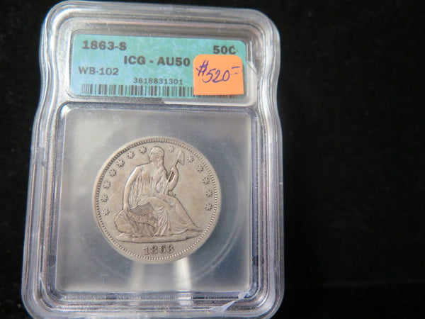 1863-S Seated Liberty Half Dollar, ICG Graded AU50 Circulated Coin.  Store # 03332