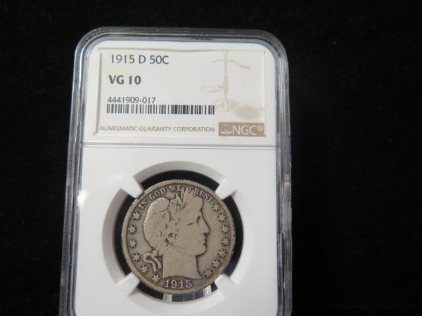 1915-D Barber Half Dollar. NGC Graded VG 10 Circulated Coin