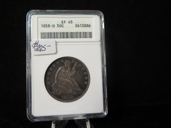 1858-O Seated Liberty Half Dollar, ANACS Graded EF45 Circulated Coin.  Store # 03351