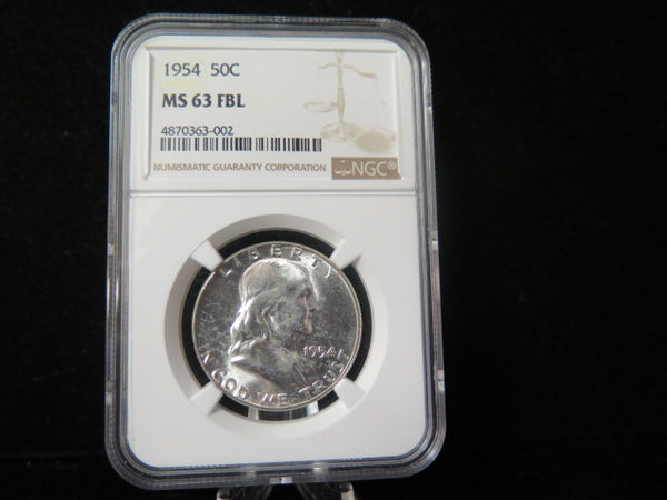 1954 Franklin Half Dollar. NGC Graded MS 63 FBL Uncirculated Coin. Store # 03355