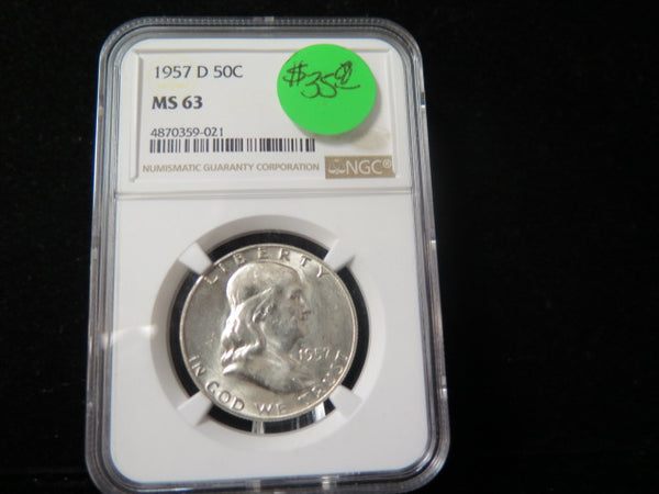 1957-D Franklin Half Dollar. NGC Graded MS 63 Uncirculated Coin. Store # 03357